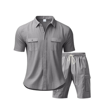Riolio New Men's Suit Short Sleeve Shorts Two-Piece Set Summer Solid Color Multi-Pocket Workwear Style Sports Casual Loose Shirt Set